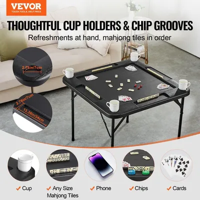 Image de Table de mahjong, table de jeu pliante carrée pour 4 joueurs avec 4 porte-gobelets et 4 plateaux à jetons, table de jeu de dominos portable avec 1 jeu de dominos pour puzzles de mahjong, 35,4 x 35,4 pouces, noire