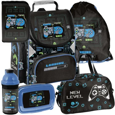 Produktbild von Schulranzen 6-tlg. Set für Mädchen & Jungen GAME pads – Paso Ranzen, Mäppchen, Tasche, Flasche, Frühstückstasche