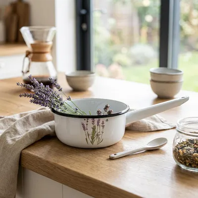 Produktbild von Emalia Rybnik Stieltopf 1,5 L aus Emaille – Lavendel Motiv, Kochtopf mit Griff, für Induktion und alle Herdarten, KI-generiertes Bild