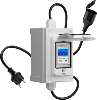 Produktbild von Mobiler Stromzähler 230V - Digitaler Energiezähler - IP67 für Außenbereich - KWh Verbrauchsmessgerät - LED-Display und Reset - Tragbar - Grau