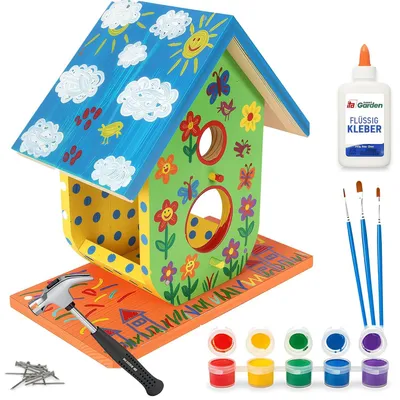 Produktbild von DIY Futterhaus für Vögel zum Zusammenbauen und Bemalen Holz Bastelset für Kinder ab 7 Jahren mit Hammer Nägeln Farben 3 Pinseln RusticRefuel