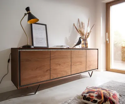 Produktbild von DELIFE Sideboard Stonegrace 200 cm Akazie Braun Steinfurnier 4 Türen V-Fuß Schwarz