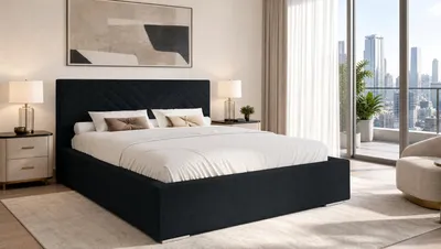 Produktbild von Aura Polsterbett 200x200 cm - Bett mit Bettkasten & Lattenrost, Veloursstoff Schwarz