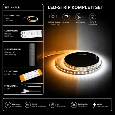 Produktbild von LED Streifen Set CCT IP20 – SMD LED Streifen 24V, 16 W/m, 2200 lm/m, 5m, 2700-6500K – SS100 Netzteil, WL5 WiFi Controller und C1 Fernbedienung Schwarz
