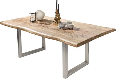Produktbild von TPFLiving Tisch 180x90 cm Platte Mango massiv, Gestell Metall Platte natur, Gestell antiksilber