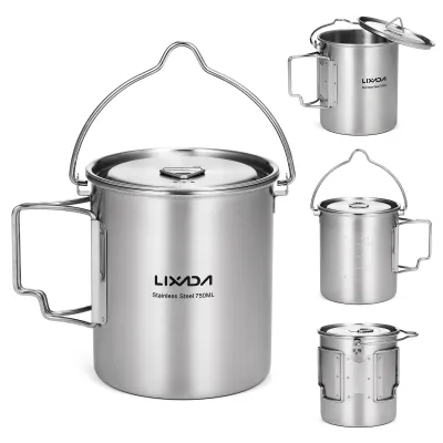 Produktbild von 750ml Edelstahl Kochtopf mit Deckel, tragbare Wasserflasche mit klappbarem Griff, ideal für Camping, Picknick und Outdoor-Kochen