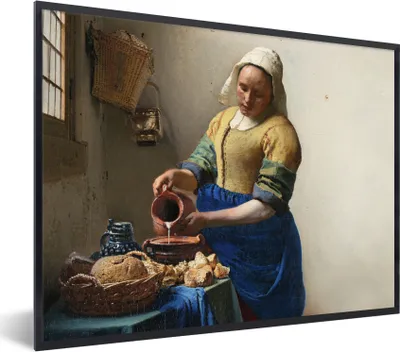 Produktbild von MuchoWow® Gerahmtes Poster Das Milchmädchen - Kunst - Alte Meister - Vermeer 40x30 cm - Poster mit Schwarzem Bilderrahmen Wandposter Rahmen Foto Bilder - Kunstposter - Wanddekorationen