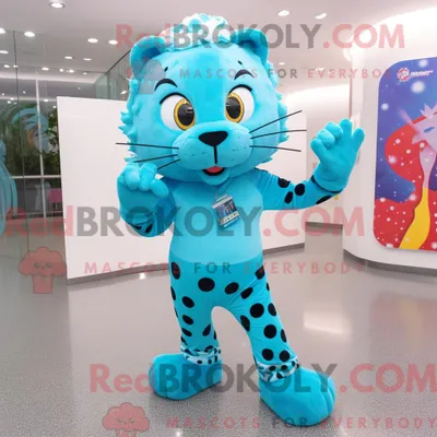 Produktbild von Maskottchen REDBROKOLY eines cyanfarbenen Leoparden mit Leggings und Schuhclips