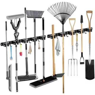 Produktbild von Besenhalter Schwerlast - Wandhalterung für Gartengeräte - Werkzeugwand - 10 Halter + 8 Haken - Edelstahl - Für Küche/Badezimmer/Garage - Werkzeughalter