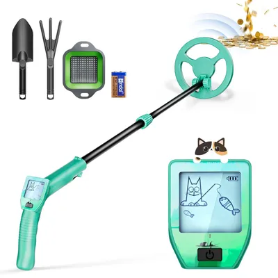 Obrázek produktu pro Detektor kovů pro děti - model s LCD displejem - nastavitelná tyč 66–83 cm - vodotěsná cívka - nabíjecí - s lopatkou - zelený