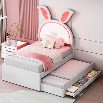 Zdjęcie produktu dla Łóżko tapicerowane Fortuna Lai 90 x 200 cm, wielofunkcyjne tapicerowane łóżko pojedyncze-sofa z wysuwanym łóżkiem, łóżko dziecięce, szuflada do przechowywania i zmieniające kolor oświetlenie LED, tkanina aksamitna, beżowy