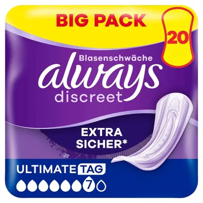 Obrázok produktu pre Balenie 3 ks: Absorbenty Always Discreet pre ženy, určené na ochranu pri stresovej inkontinencii, model Ultimate, 20 kusov