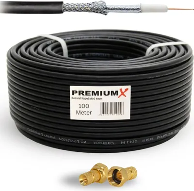 Produktbild von PremiumX 100m Mini Koaxial Sat Kabel 4mm Schwarz 2-fach geschirmt 20x F-Stecker