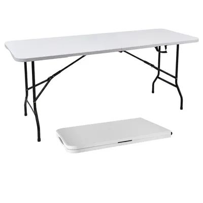 Produktbild von XL Klapptisch weiß mit Stahlgestell wetterfest - 180x68 cm - Campingtisch groß klappbar mit Tragegriff - Gartentisch