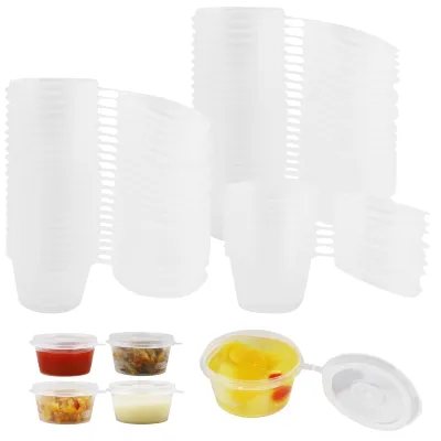 100 kleine Plastikbecher mit Deckel, 1 oz, wiederverwendbar, transparent