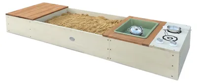 Produktbild von AXI Pippa Sandkasten aus Holz - Beige/Braun | Sandkasten Spielküche und Aufbewahrungsbank, Sitzfläche und Stauraum- 6-teiligem Spielküchen-Set | Mit