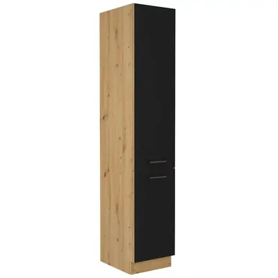 A tall, narrow cabinet with a two-tone design, featuring a wood-grain finish on the left side and a solid black finish on the right. It has two black handles.