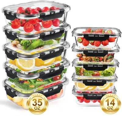 Obrázek produktu pro Sada 10 vzduchotěsných úložných sklenic Unyqoos® z borosilikátového skla – objem 1040 ml a 410 ml, s uzavíratelným víkem, těsnícími víčky z PET, stohovatelné, vhodné do mikrovlnné trouby a trouby (bez víka), bez BPA
