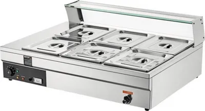 Obrázok produktu pre Ohrevný pult – Elektrická ohrevná doska – Sada Chafing Dish 6-dielna – 13,2 l RVS nádoba – Vrátane pokrievok a vypúšťacieho kohútika – Profesionálna gastronómia