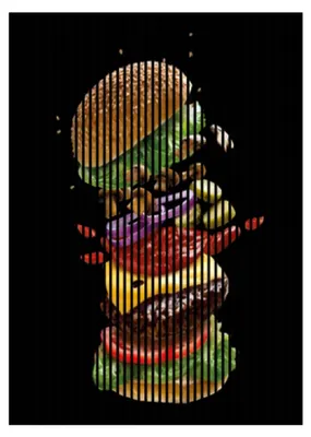 Produktbild von Akustikpaneele mit Digitaldruck Burger01 19 x 1693 x 2400 mm Burger MDF PET-Fasern Wandpaneele Grün Gelb Braun Rot Lila 3 Einzelplatten
