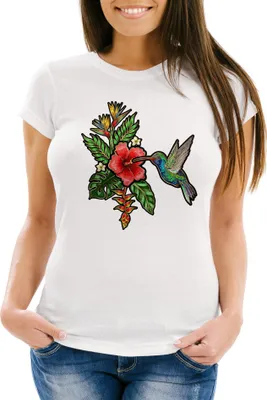 Produktbild von Damen T-Shirt Tropical Kolibri Vogel Palmblätter Sommer Stick-Patch-Optik Hummingbird Slim Fit tailliert Baumwolle Neverless® weiß M