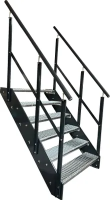 Obrázek produktu pro Ocelové příhradové schodiště 6 stupňů s dvojitým zábradlím - pozinkované a antracitově práškově lakované strany - (š x v x h) 100 x 114 x 120 cm
