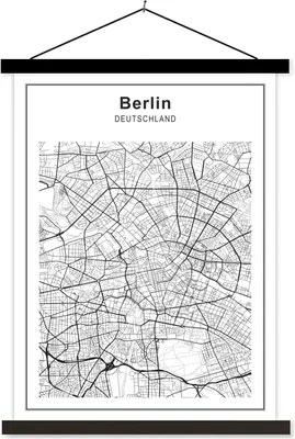 Produktbild von MuchoWow® Textilposter Stadtplan - Berlin - Schwarz und weiß 60x80 cm mit schwarzem Rahmen - Plakathalter