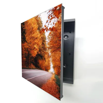 Produktbild von Schlüsselkasten Schwarz Metall, bunter Herbstwald Motiv hinter Glas, Moderne Schlüsselbox rechtsöffnend, 32x28x6,5 cm, 20 Haken für Ordnung am Gang.