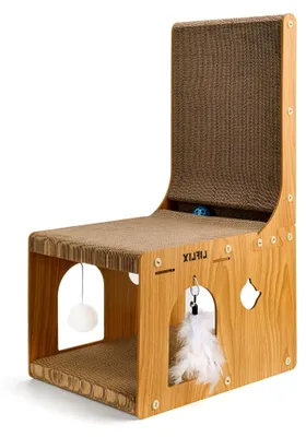 Produktbild von L-förmiges Doppelschicht Kratzbrett für Katzen, 67 cm Kratzpappe mit Katzenhaus zum Kratzen, Verstecken und Spielen, Kratzbrett mit Katzenspielzeug für Wand und Ecke als Möbelschutz