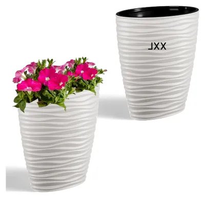 Produktbild von XXL Pflanzkübel Slim Oval 3D Effekt - Wellen - Farbe: Weiß mit Herausnehmbaren Einsatz, H: 60 cm