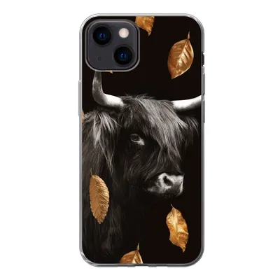 Produktbild von MuchoWow® Handyhülle Schutzhülle Hülle für iPhone 13 mini Schottischer Highlander - Blätter - Gold - Schwarz Silikon Softcase Handy Hülle - Softcase