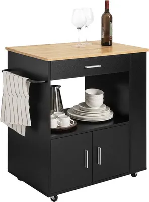 Image de Meuble de cuisine - Sur roulettes - Tiroirs - Portes - Noir - Marron - MDF - 82 x 46 x 88 cm