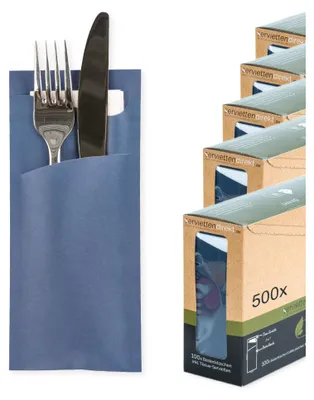 Produktbild von Bestecktasche Prime Fit in Dunkelblau 85 x 190 mm, mit 2-lagiger Tissue-Serviette in Weiß -500 Stück