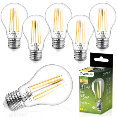 Obrázok produktu pre LED žiarovka LUMILED E27 A60, 8W, nahrádza 75W, 1080 lm, 3000K (teplá biela), vláknová, uhol svietenia 360°, priehľadné sklo, nepriame stmievanie, klasický tvar, úsporná žiarovka, balenie 6 kusov