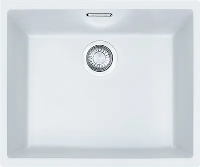 A top-down view of a white sink with a drain in the center.