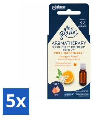 Imagen del producto de 5 unidades de recambio de ambientador Glade Aromatherapy, línea "Pure Happiness", con aroma a naranja y neroli, de 17,4 ml cada uno. Paquete económico