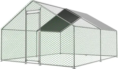 Produktbild von Hühnerstall Freilaufgehege mit Sicherheitsschloss und Wasserdichtes PE-Tuch, Kleintiergehege aus Metall für Hühner, Kaninchen, 3x4x2m