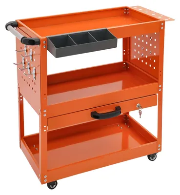 Image de Chariot d'outils - Chariot roulant à 3 niveaux - Capacité de charge : 250 kg - Tiroirs et crochets latéraux - Verrouillable - 4 roulettes pivotantes (2 avec frein) - Orange