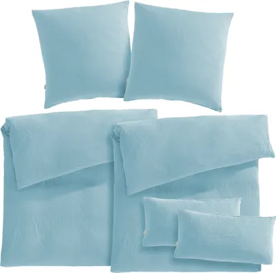 Produktbild von Pure Label Musselin Bettwäsche 6teilig bestehend aus Bettbezug 135 x 200 2er Set + 80x80 Kissenbezug 2er Set + 40x80 Kissenbezug 2er Set in blau