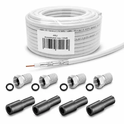 Produktbild von 50m ARLI Koaxialkabel – max. 135 dB 5-fach geschirmt + 4x F-Stecker mit Dichtring + 4x Gummitüllen für DVB-S2 DVB-C2 DVB-T2 4K HD TV 4K