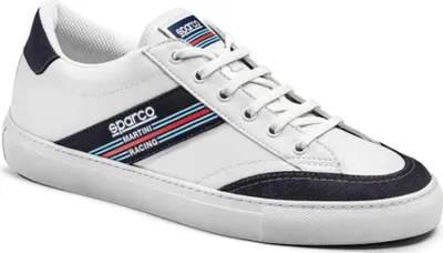A single white sneaker with navy blue accents and racing stripes.