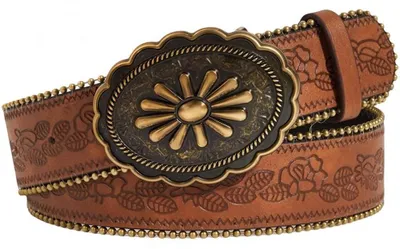 Imagen del producto de Cinturón de estilo country western, hecho de cuero sintético, de 1,03 metros de largo y 3,8 cm de ancho, con hebilla ovalada de aleación metálica, diseño retro, color marrón, con motivos florales en relieve, ajustable, estilo vintage, ideal para hombres y mujeres