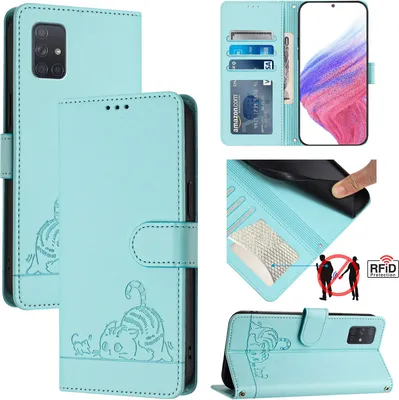 Produktbild von Leder Hülle für Samsung Galaxy A71 4G Süße Katze Flip Case Brieftasche Schutzhülle mit Standfunktion hellgrün
