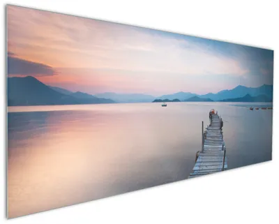 Produktbild von Wallario Küchenrückwand aus Glas, Größe: 125 x 50 cm, Motiv: Steg am See- Idylle bei Sonnenuntergang | Spritzschutz | abwischbar | pflegeleicht | in