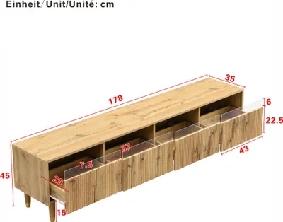 Produktbild von okwish TV-Sideboardund Couchtisch Set Holzfarbe,Wohnzimmer-Set mit zwei Schubladen,Fernsehbank mit LED-Beleuchtung,Beistelltisch mit Wellenstruktur und Lowboard mit 4 Türen