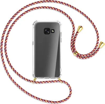 Produktbild von Handykette Backcover-Schutzhülle mit Band (Metall goldfarben) für Samsung Galaxy A3 2017 - weinrot/gelb/grau
