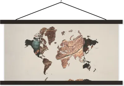 Produktbild von MuchoWow® Textilposter Weltkarte - Baum - Holz 120x60 cm mit schwarzem Rahmen - Dekoration Schlafzimmer