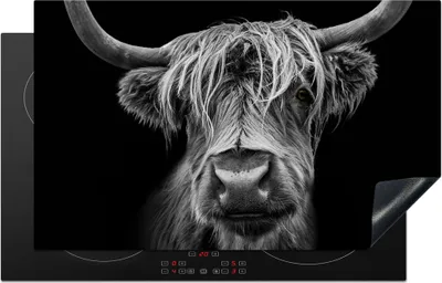 Produktbild von KitchenYeah© Herdabdeckplatte Schottischer Highlander - Hörner - Schwarz - Weiß - Kuh - Wild - Tiere , 85x52cm, Küche Deko, Glaskeramikkochfeld Herdabdeckung, Abdeckplatte fùr Kochfeld