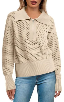 Produktbild von Sommerlicher Häkelpullover für Damen,langärmeliger Pullover mit Lochmuster,halber Reißverschluss am Kragen,Damenoberbekleidung