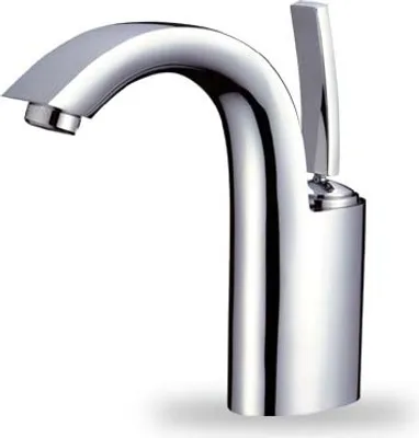 A close-up studio shot of a modern chrome faucet.